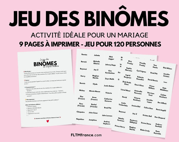 Jeu des binômes de couples célèbres - Jeu de mariage