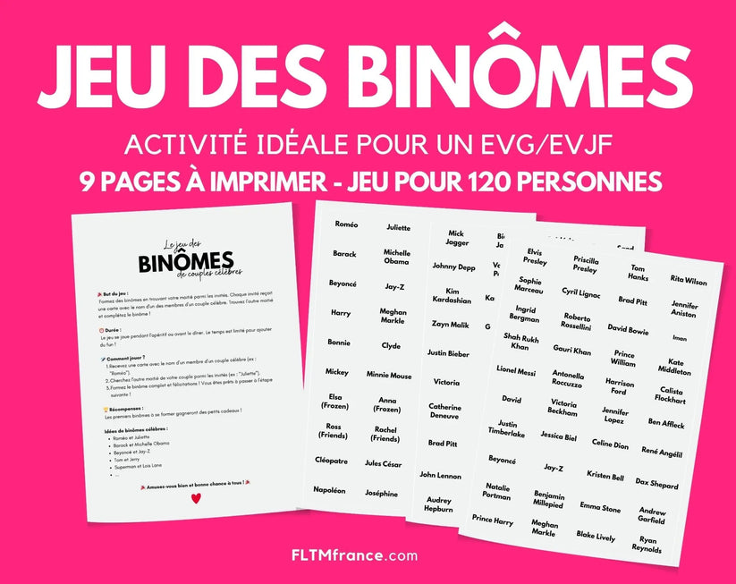 Jeu des binômes de couples célèbres – Spécial EVG et EVJF à imprimer