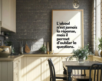 L'alcool n'est jamais la réponse - Affiche citation humour FLTMfrance