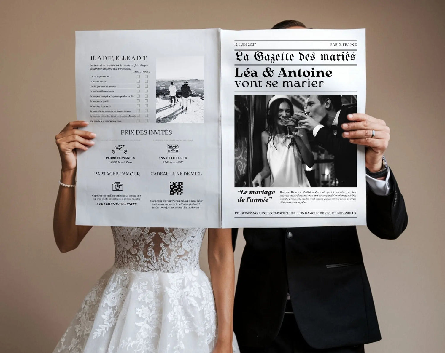 La Gazette des mariés à personnaliser - 4 pages pour créer un journal de mariage FLTM