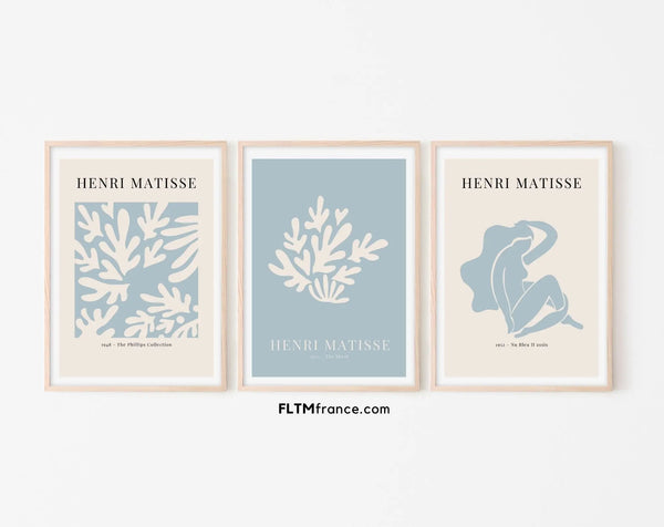Lot de 3 affiches style Henri Matisse Bleu gris clair - Affiche de musée