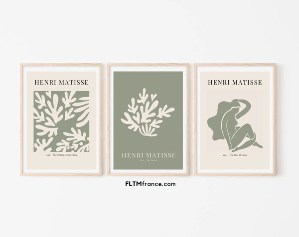 Lot de 3 affiches style Henri Matisse Vert sauge - Affiche de musée
