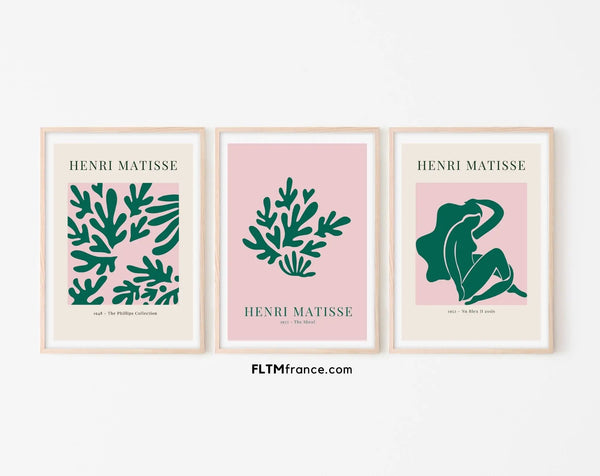 Lot de 3 affiches style Henri Matisse vert et rose - Affiche de musée