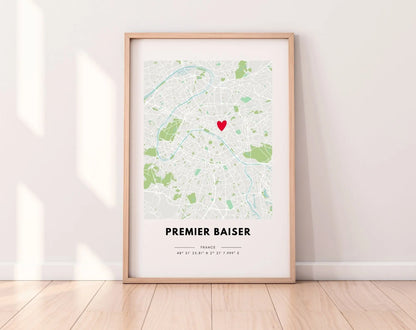 Premier baiser - Affiche carte de ville personnalisée FLTMfrance