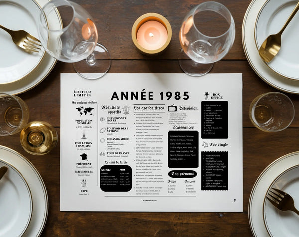 Set de table année de naissance 1985 - Anniversaire 40 ans