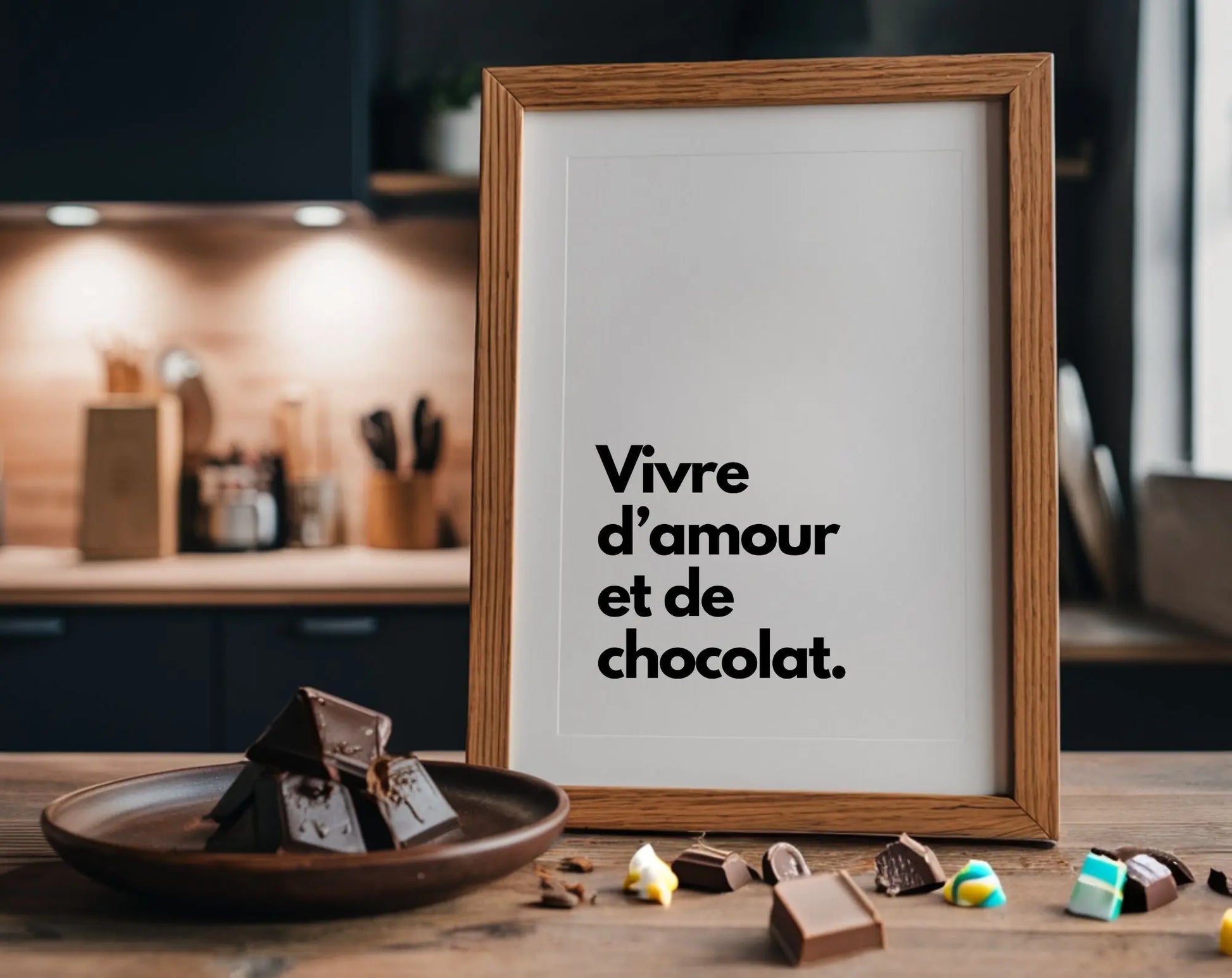 Vivre d'amour et de chocolat - Affiche humour citation cuisine FLTMfrance
