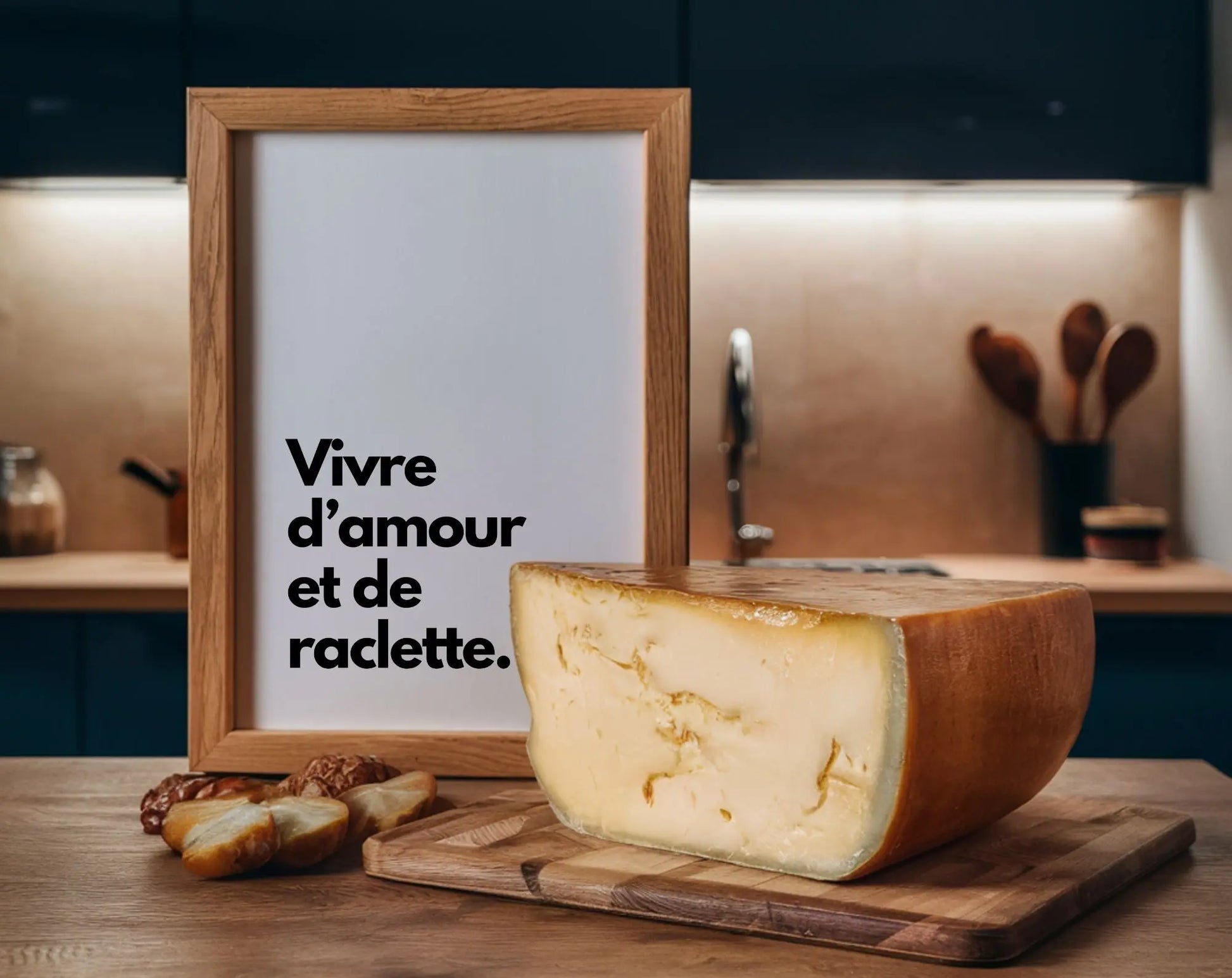 Vivre d'amour et de raclette - Affiche humour citation cuisine FLTMfrance