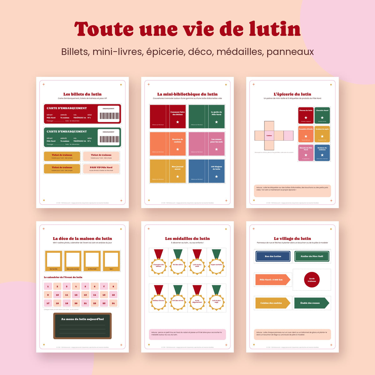 Billets, mini-livres, épicerie, médailles et panneaux du lutin