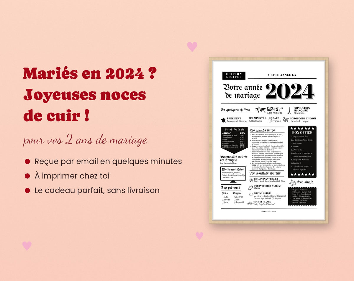 Cadeau 2 ans de mariage noces de cuir : affiche année de mariage 2024 à imprimer