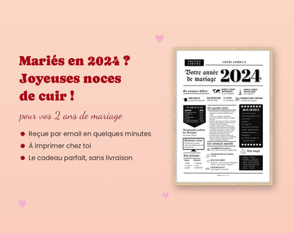 Cadeau 2 ans de mariage noces de cuir : affiche année de mariage 2024 à imprimer