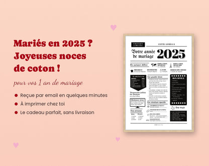 Cadeau 1 an de mariage noces de coton : affiche année de mariage 2025 à imprimer