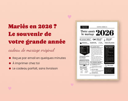 Cadeau de mariage original : affiche année de mariage 2026 à imprimer