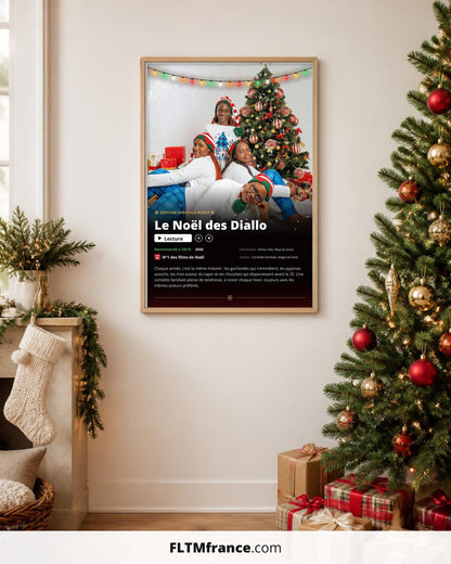 Affiche Netflix Noël en famille personnalisée encadrée près d'un sapin de Noël