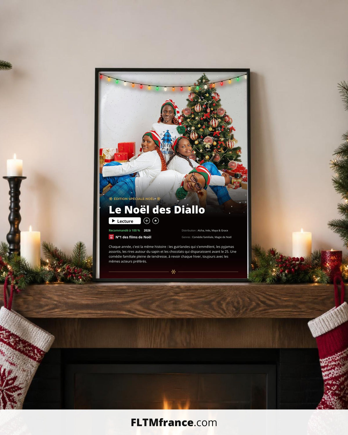 Affiche Netflix de Noël personnalisée posée sur une cheminée décorée
