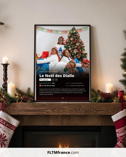 Affiche Netflix de Noël personnalisée posée sur une cheminée décorée