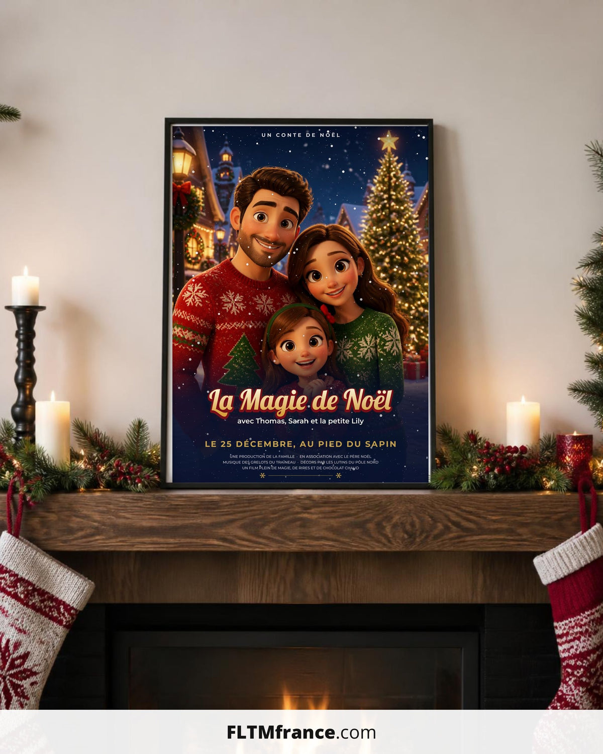 Affiche film d'animation 3D de Noël posée sur une cheminée décorée