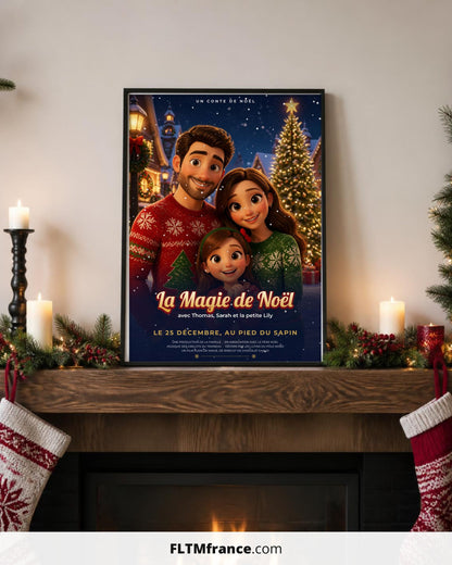 Affiche film d'animation 3D de Noël posée sur une cheminée décorée