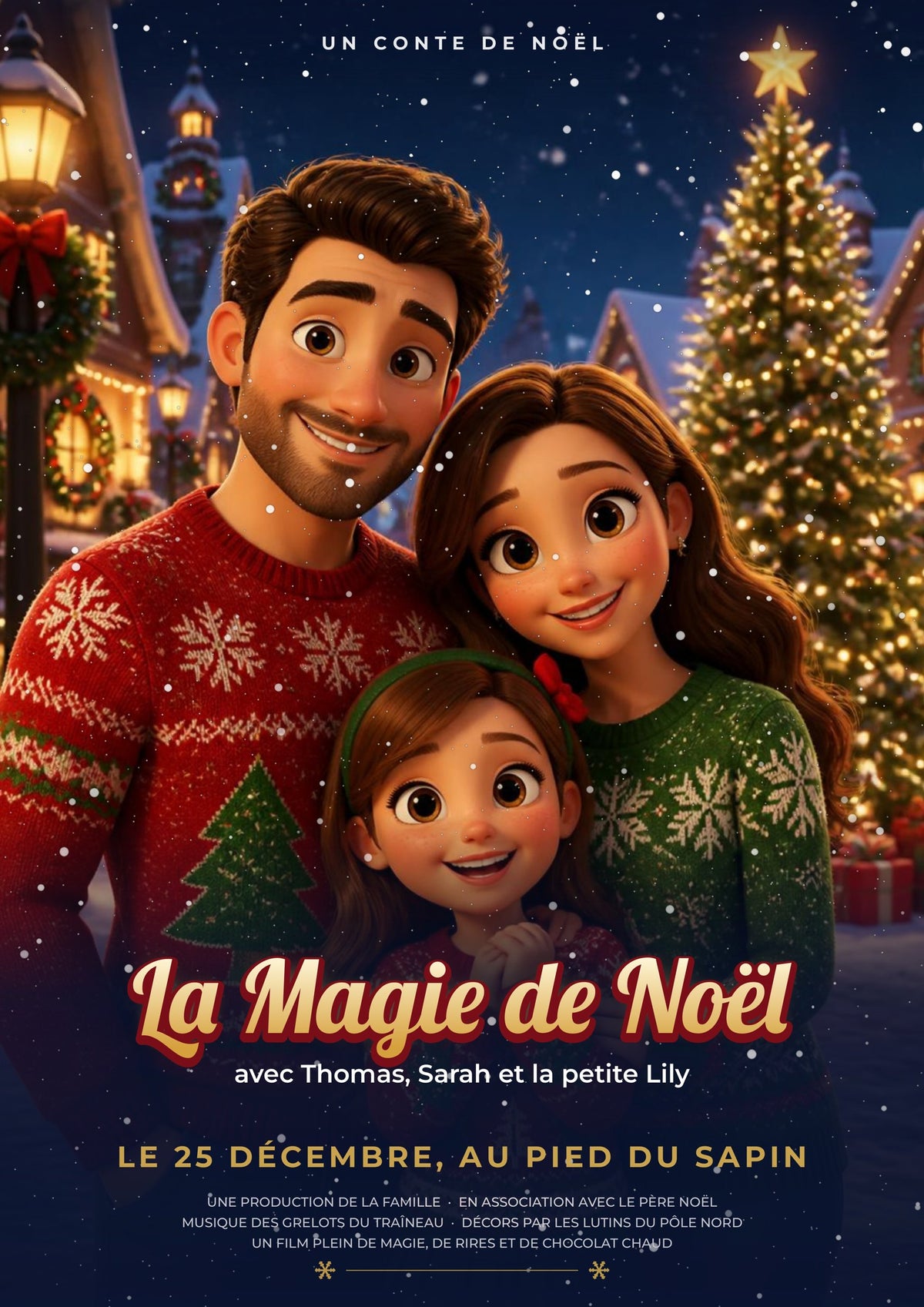 Aperçu de l'affiche film d'animation 3D La Magie de Noël avec une famille en pulls de Noël