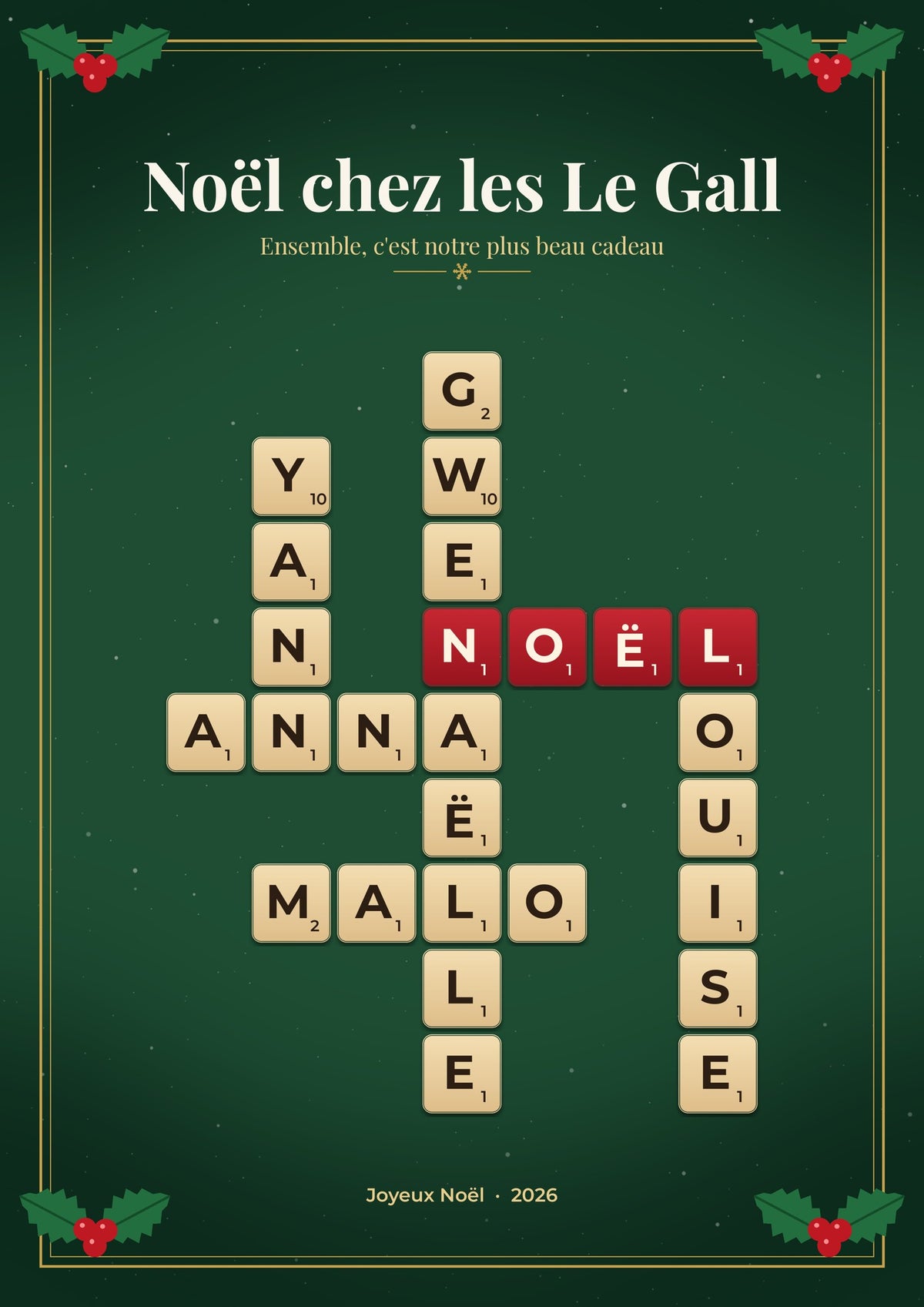 Aperçu de l'affiche Scrabble Noël : prénoms en lettres de Scrabble croisés avec le mot NOËL en rouge