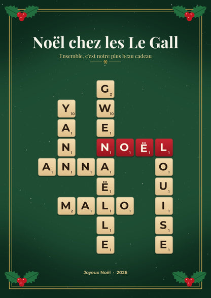 Aperçu de l'affiche Scrabble Noël : prénoms en lettres de Scrabble croisés avec le mot NOËL en rouge