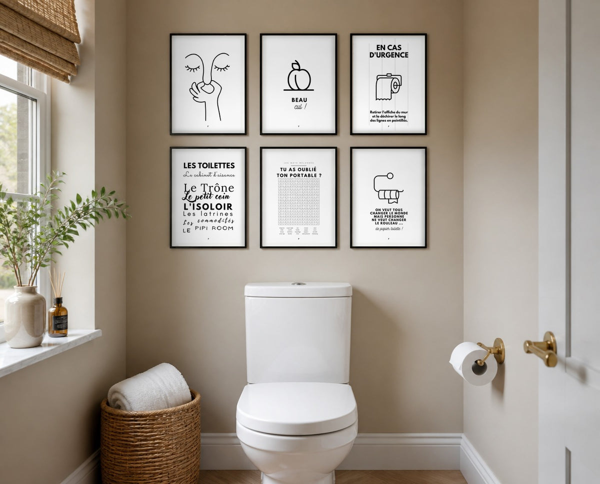 Mur de 6 affiches humour WC dans des toilettes