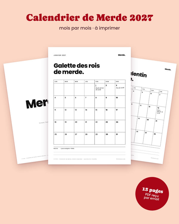 Calendrier de Merde 2027 mensuel officiel - Calendrier humour mois par mois à imprimer