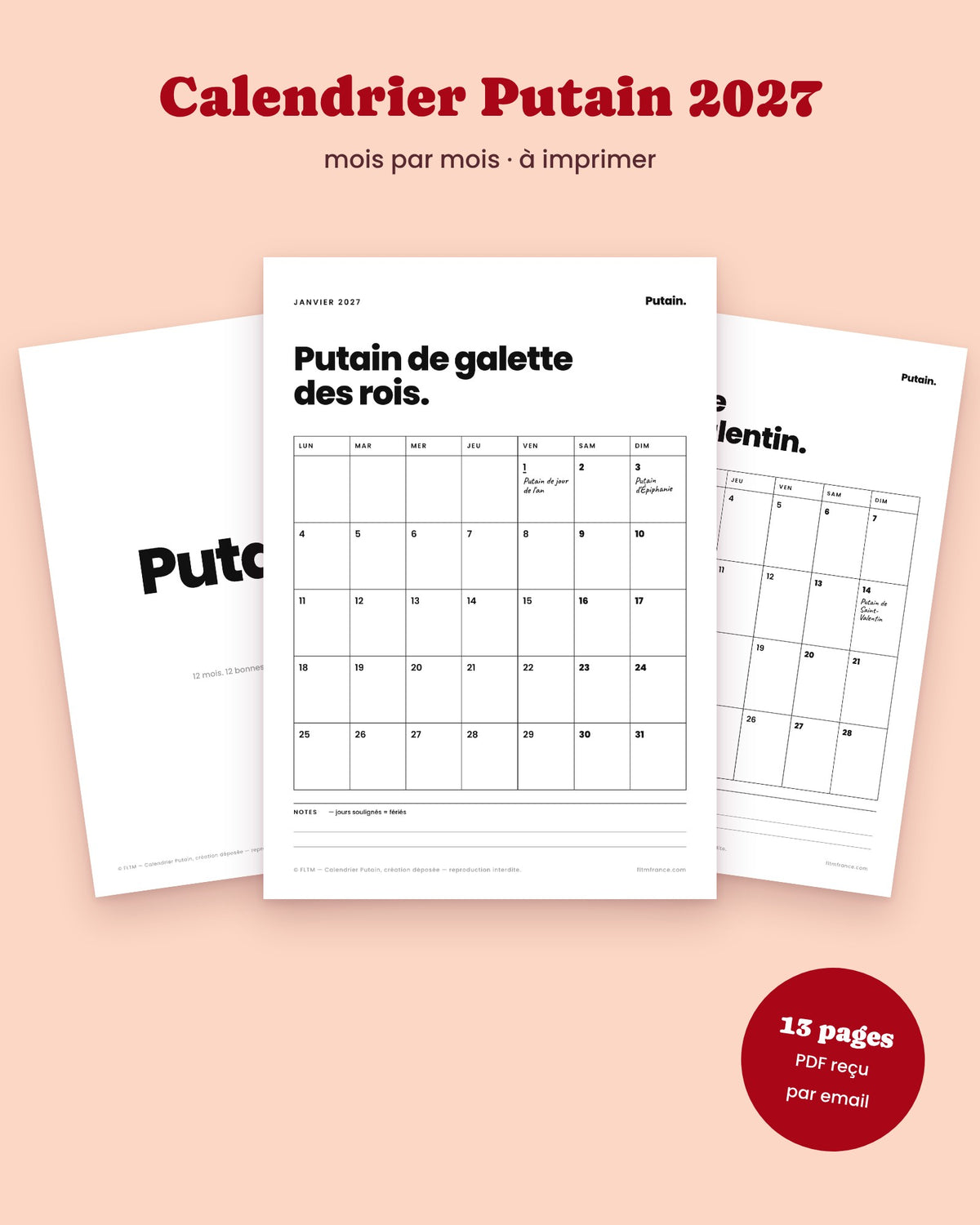 Calendrier Putain 2027 mensuel à imprimer – visuel 1