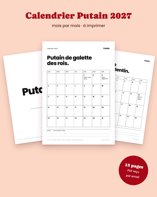 Calendrier Putain 2027 mensuel officiel - Calendrier humour mois par mois à imprimer