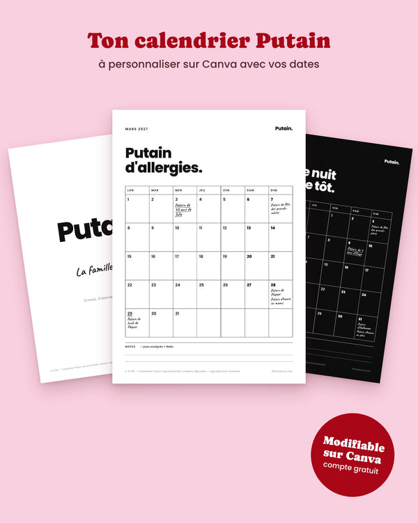 Calendrier Putain 2027 mensuel personnalisable sur Canva - Anniversaires de la famille à imprimer