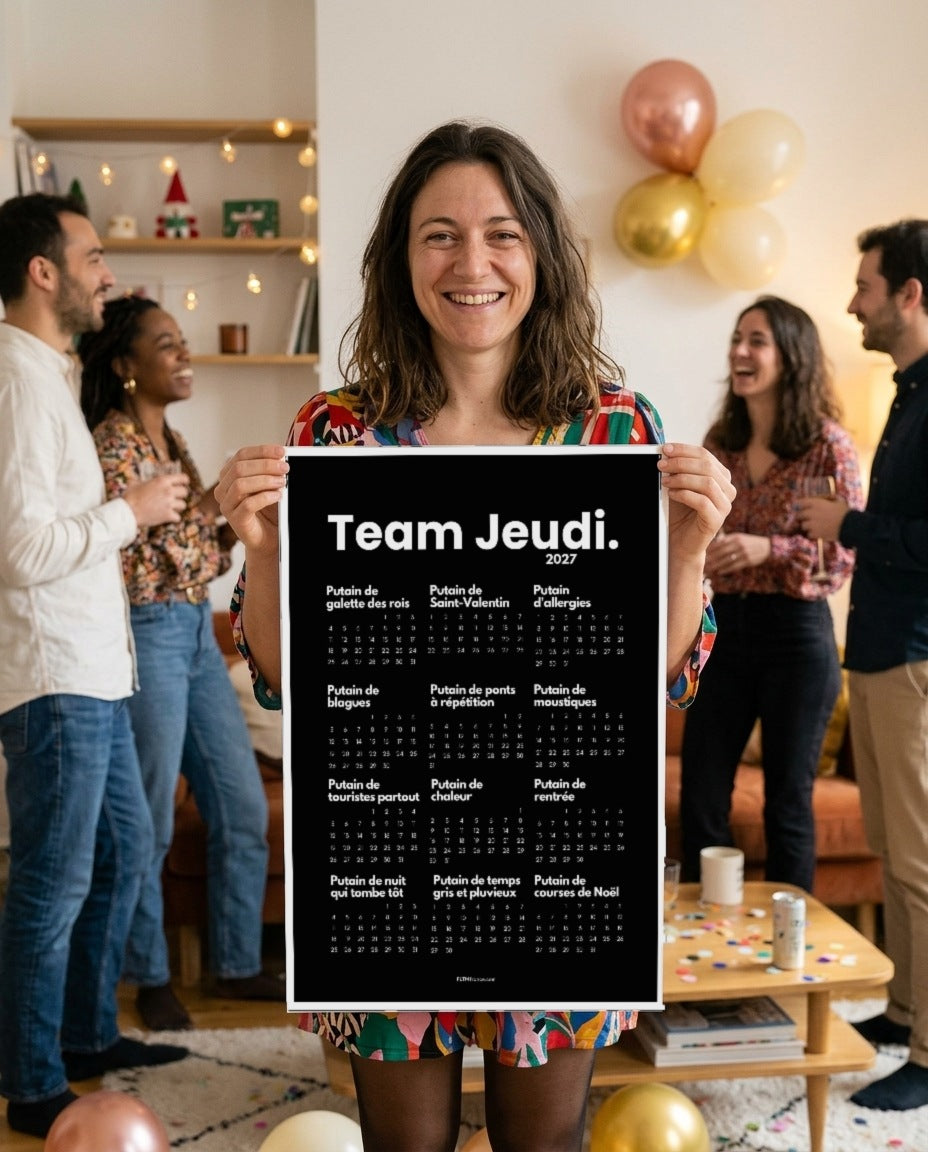 Calendrier humour personnalisé 2027 offert en soirée entre amis