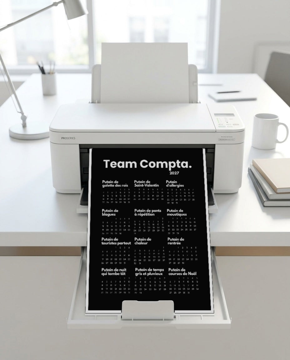 Calendrier personnalisé 2027 « Team Compta. » imprimé au bureau, cadeau Secret Santa collègue