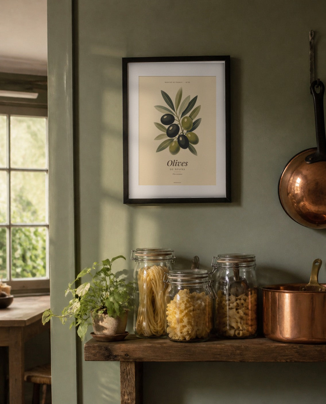 Affiche Olives de Nyons à imprimer encadrée dans une cuisine