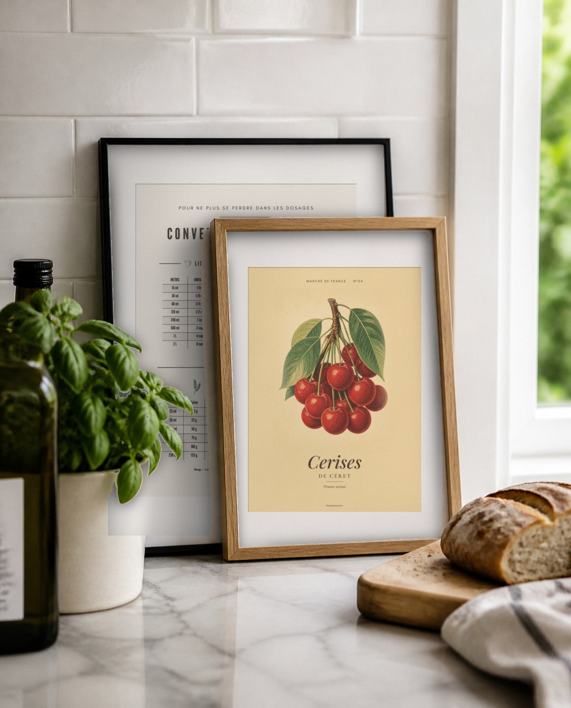 Affiches cuisine à imprimer encadrées sur un plan de travail