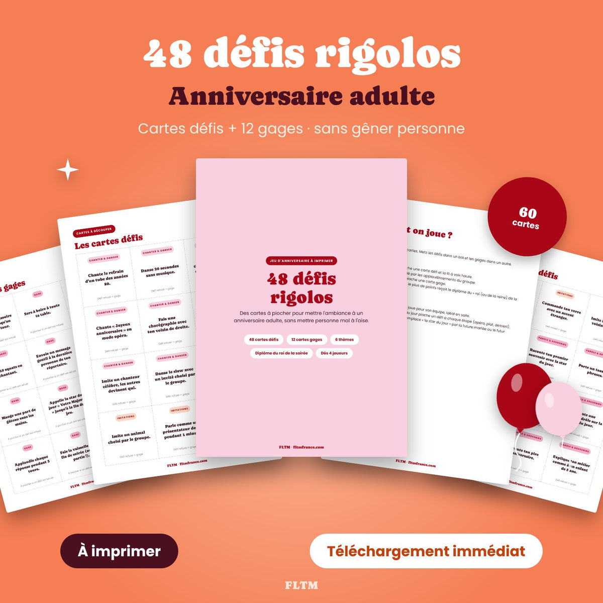 Défis rigolos pour anniversaire adulte à imprimer FLTM