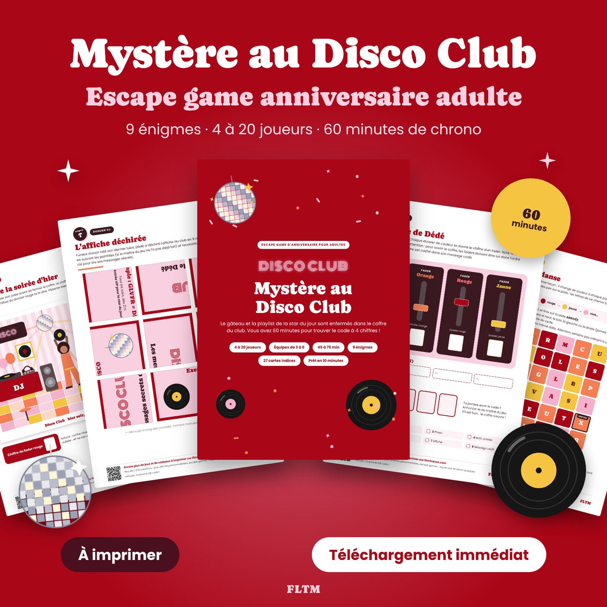 Escape game anniversaire adulte à imprimer Mystère au Disco Club - aperçu du kit