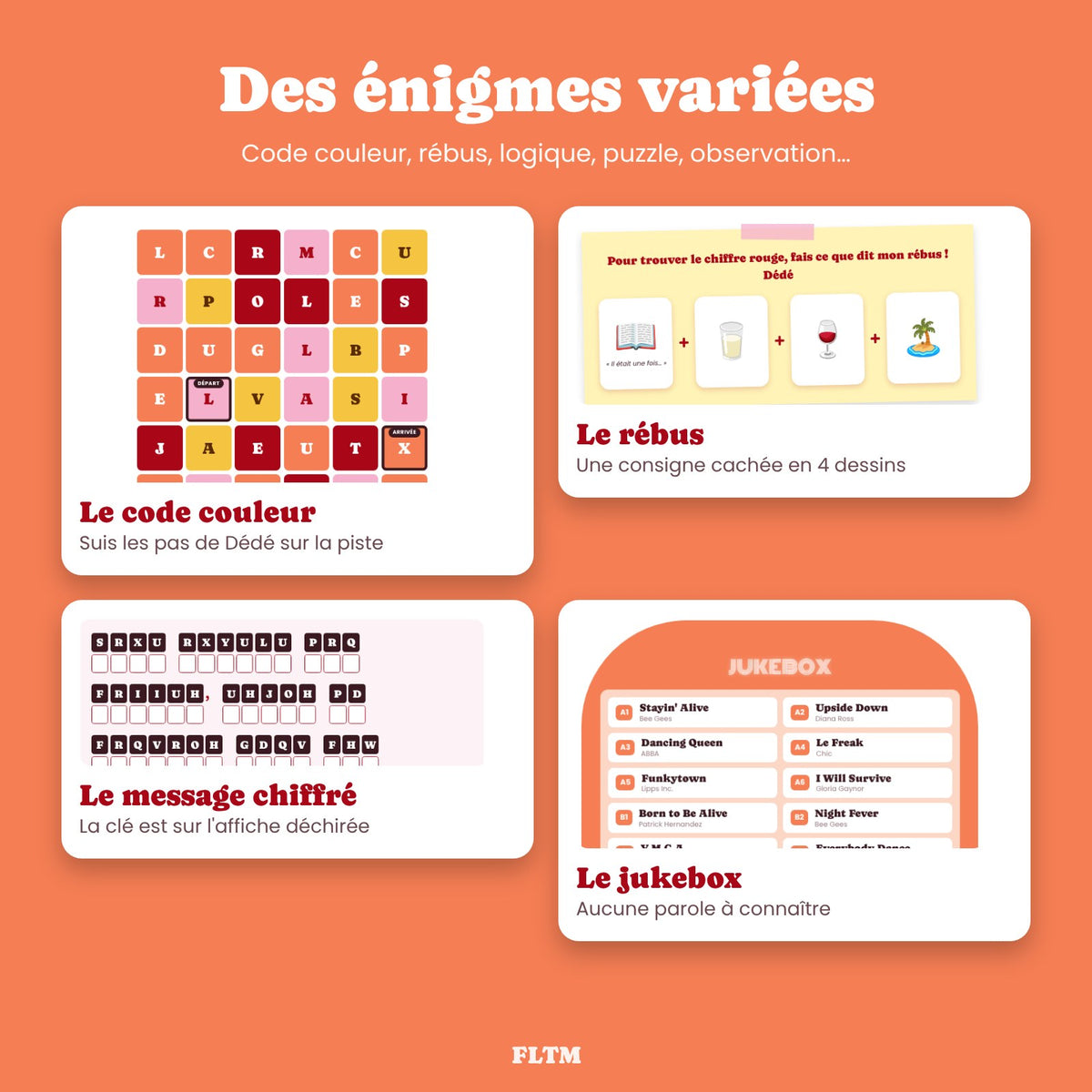 Exemples d'énigmes de l'escape game Disco Club : code couleur, rébus, message chiffré, jukebox