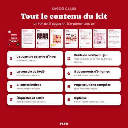 Contenu du kit escape game anniversaire adulte : guide, énigmes, cartes indices, solutions, diplôme