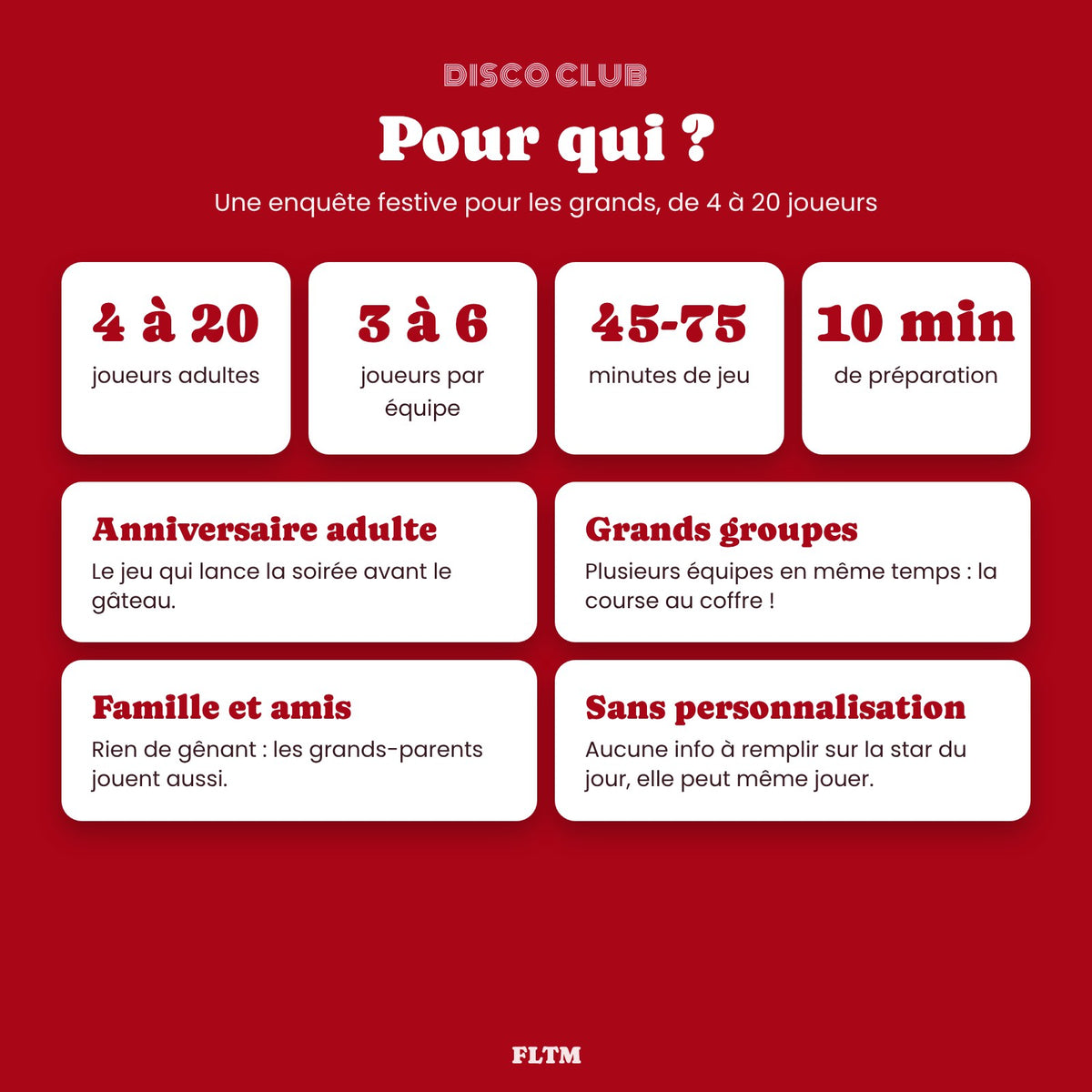Escape game pour adultes de 4 à 20 joueurs, équipes de 3 à 6, 45 à 75 minutes