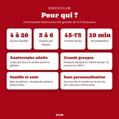Escape game pour adultes de 4 à 20 joueurs, équipes de 3 à 6, 45 à 75 minutes