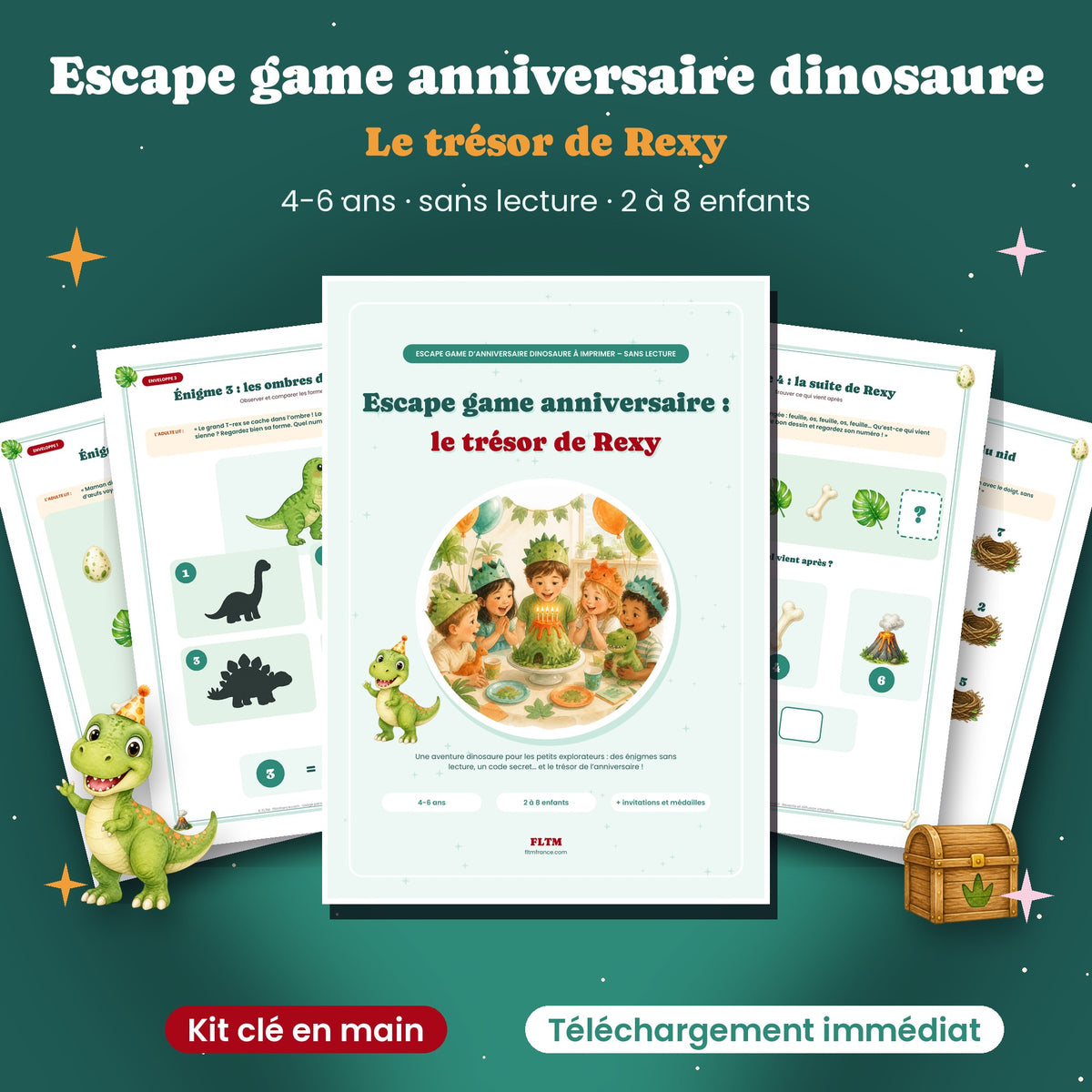 Escape game anniversaire dinosaure 4-6 ans à imprimer, le trésor de Rexy