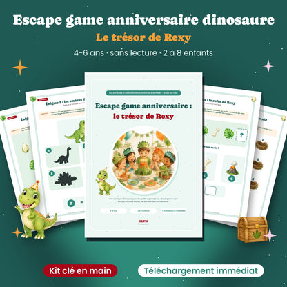 Escape game anniversaire dinosaure 4-6 ans à imprimer, le trésor de Rexy