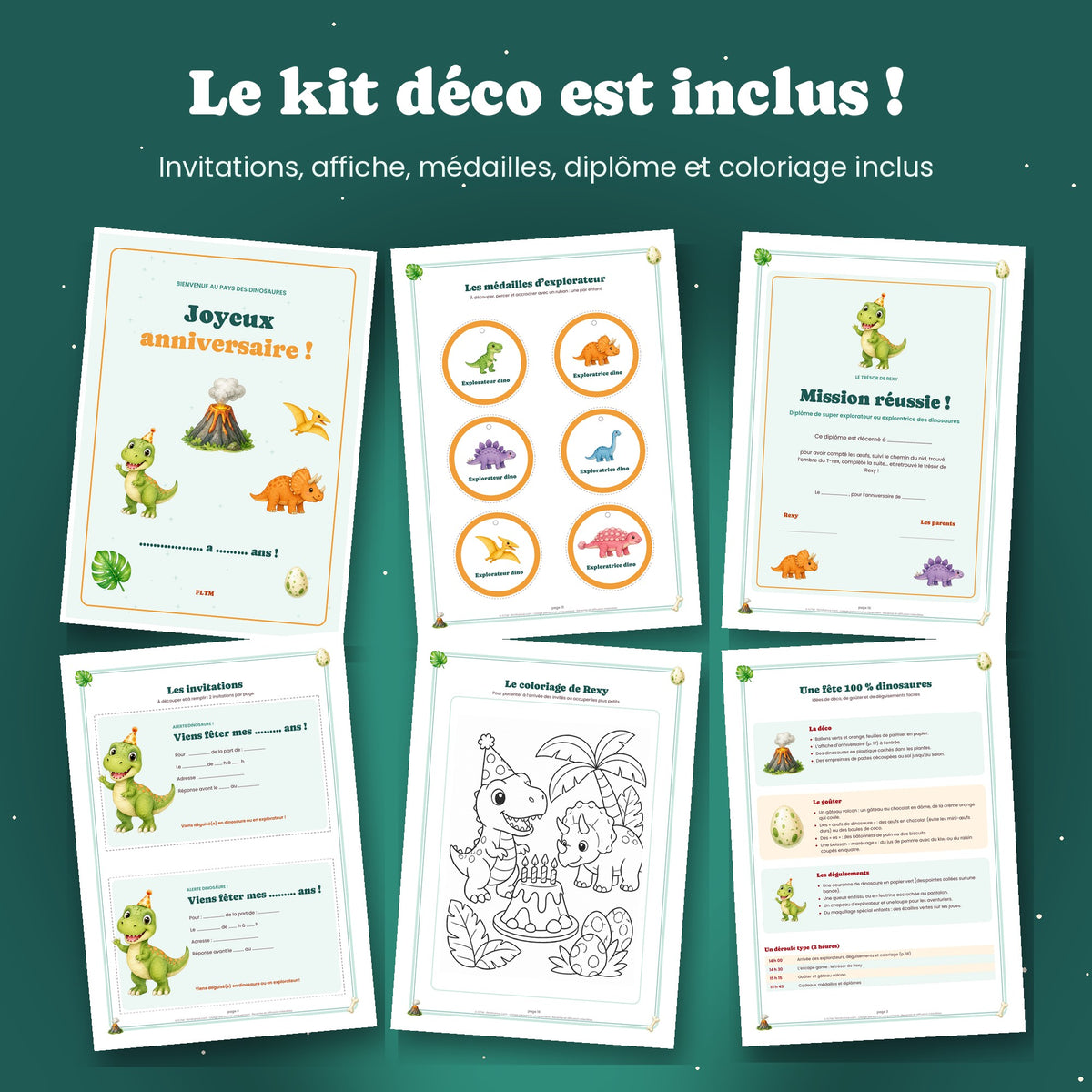 Invitations, médailles, diplôme et coloriage dinosaure
