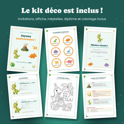 Invitations, médailles, diplôme et coloriage dinosaure