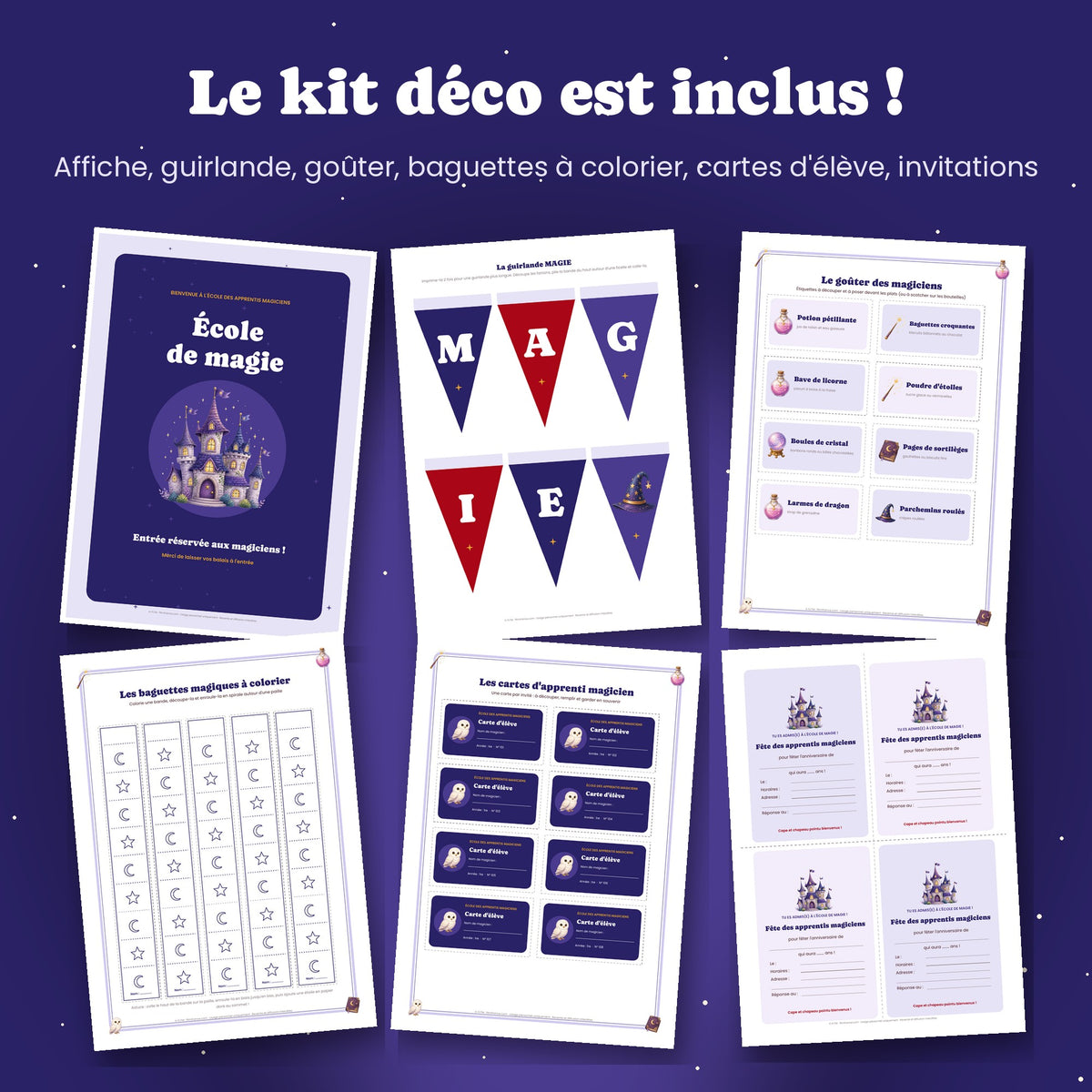 Kit déco anniversaire magicien à imprimer : affiche, guirlande, goûter, baguettes