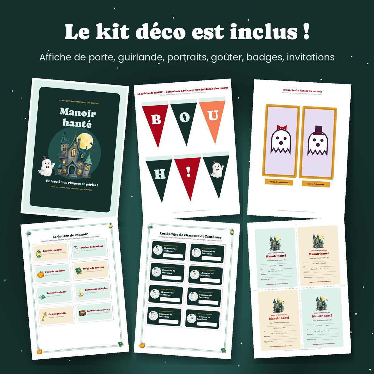 Kit déco anniversaire maison hantée à imprimer : affiche, guirlande, portraits, goûter, badges