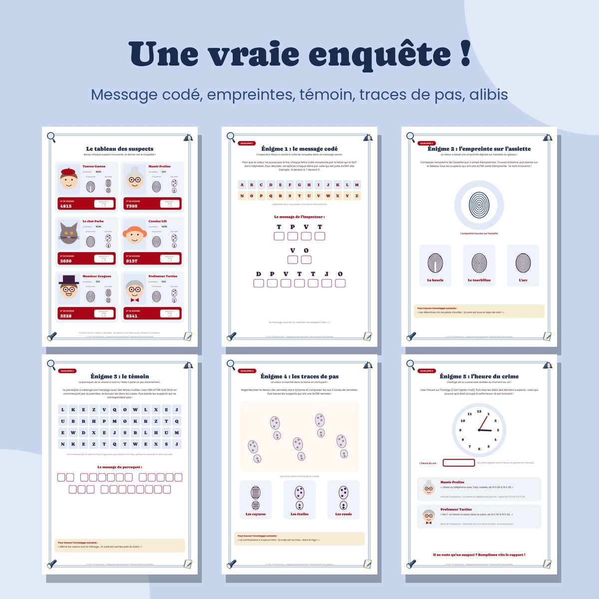 Les énigmes et le tableau des suspects de l'enquête policière enfant