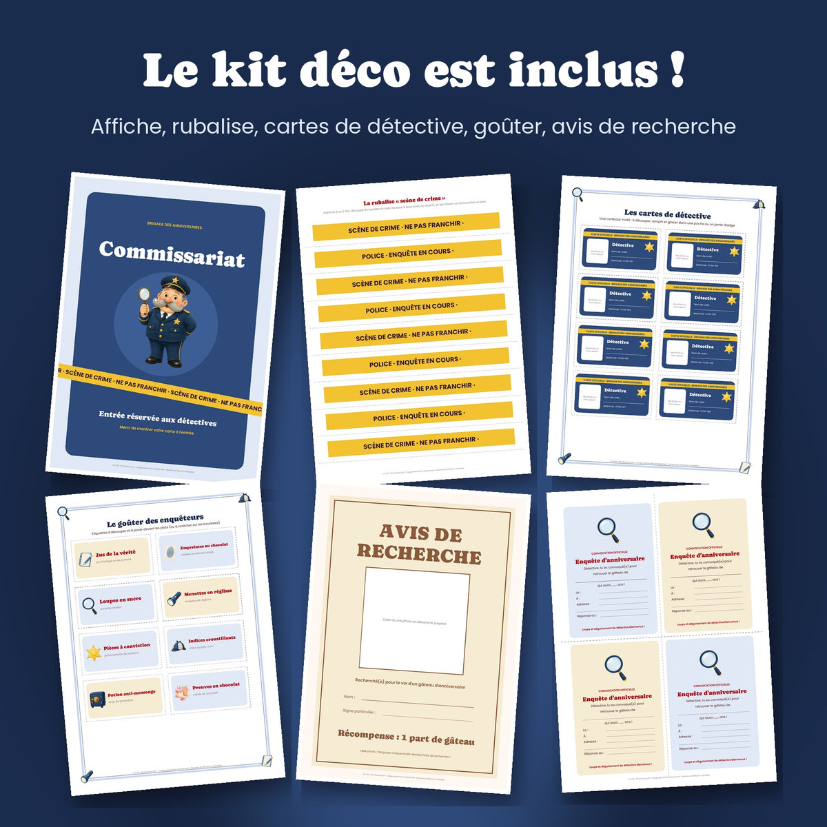 Kit déco anniversaire détective à imprimer : rubalise, cartes de détective, avis de recherche