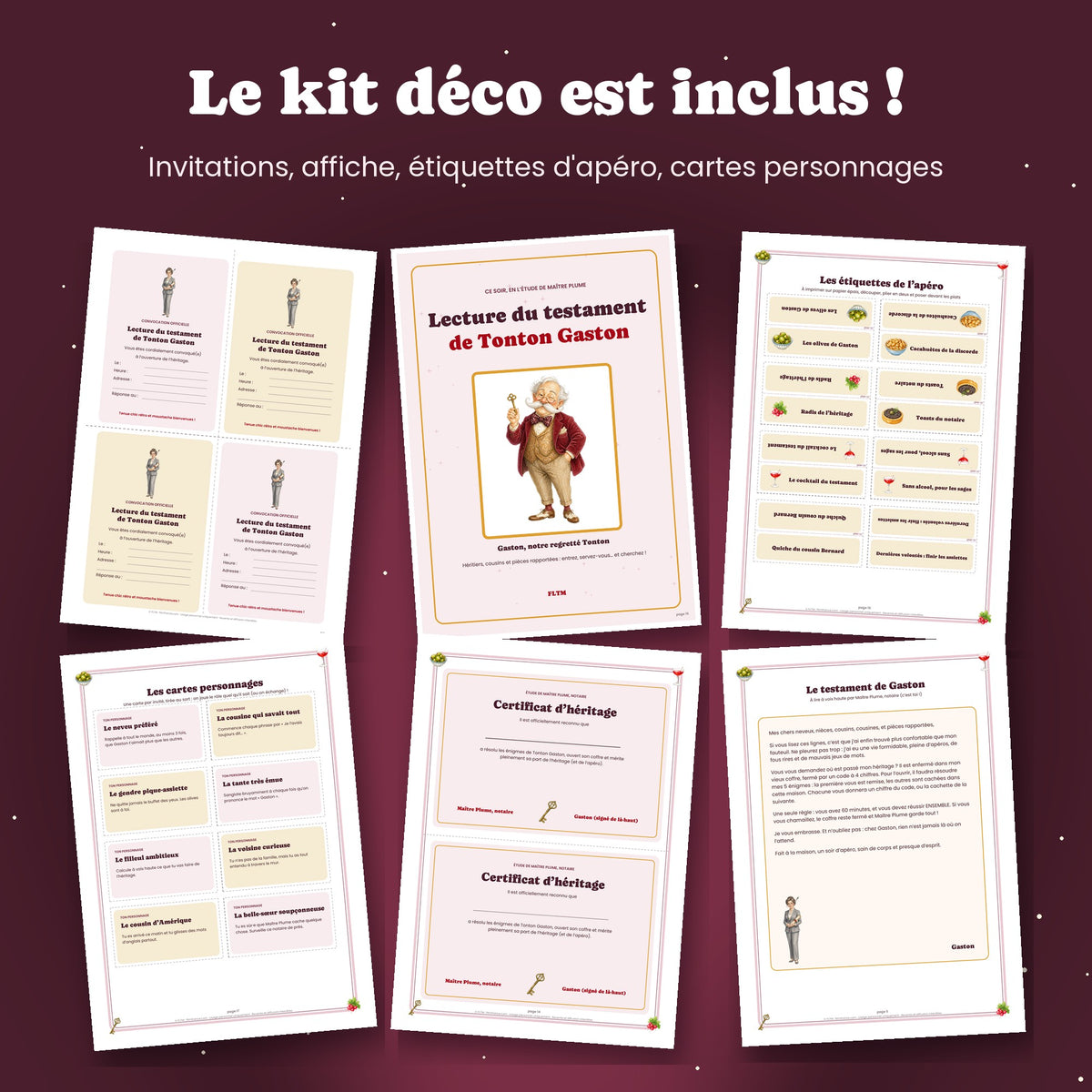 Kit déco inclus : invitations, affiche, étiquettes d'apéro et cartes personnages