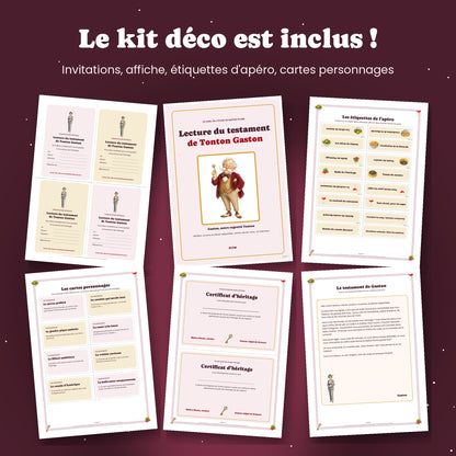 Kit déco inclus : invitations, affiche, étiquettes d'apéro et cartes personnages