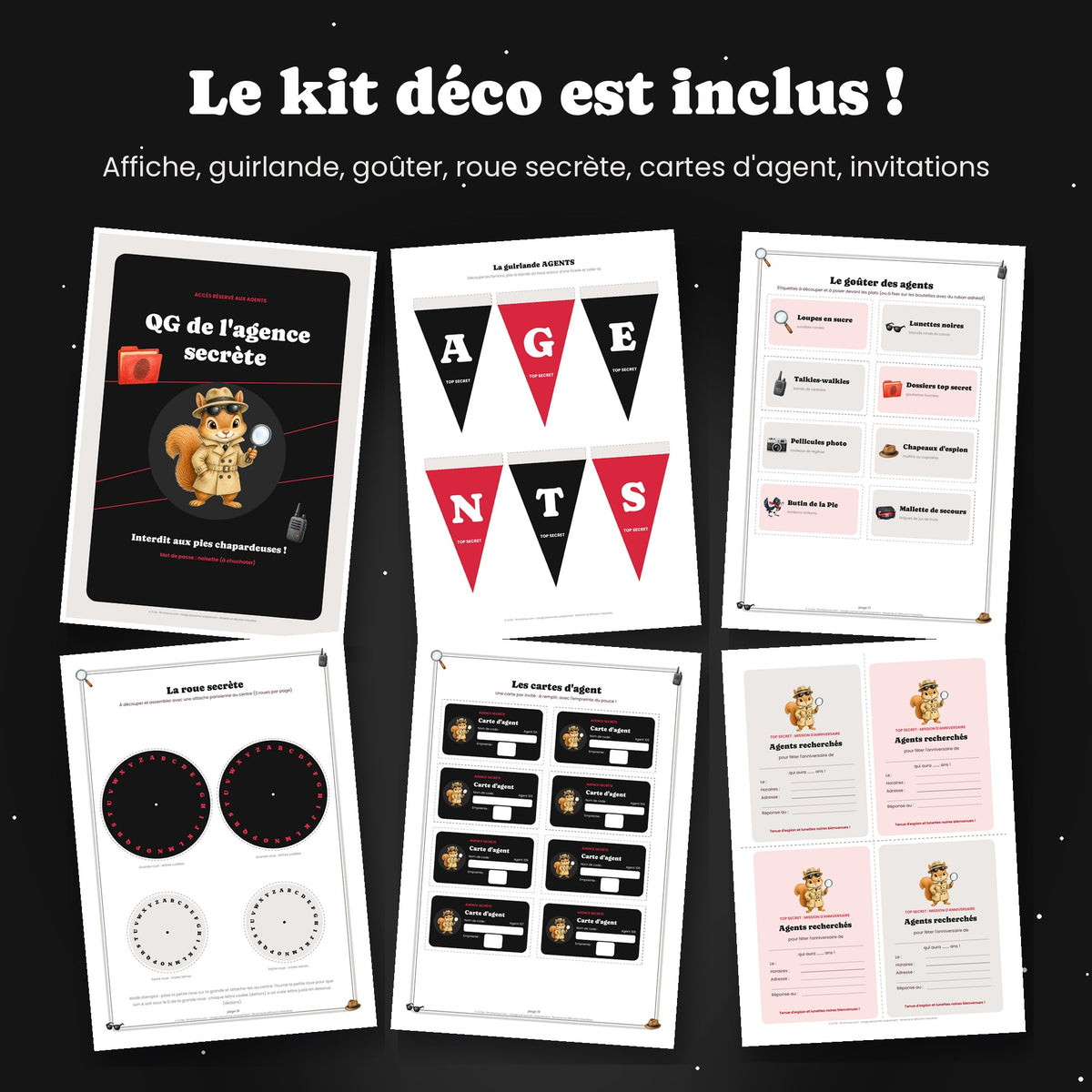 Kit déco anniversaire espion : affiche, guirlande, roue secrète